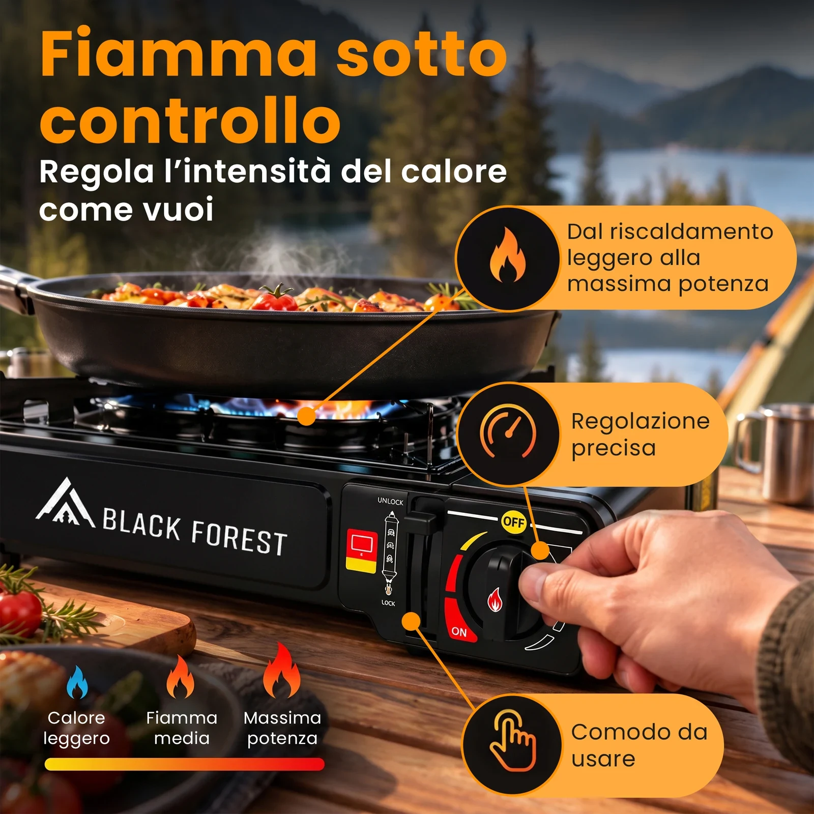 Fornello da campeggio con manopola di regolazione della fiamma e pentola