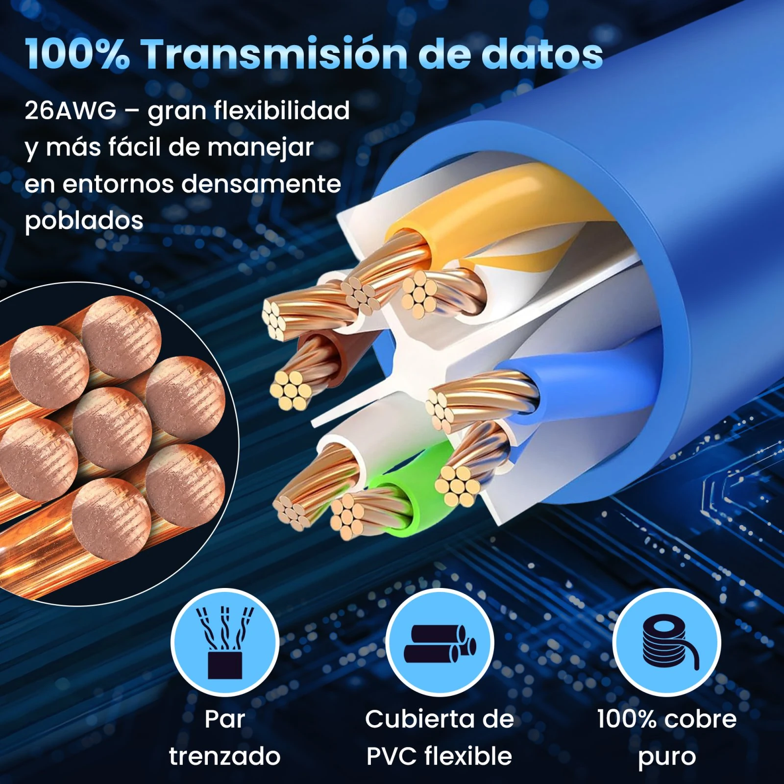 Sección transversal de un cable de red azul con hilos de cobre y pares de conductores de colores