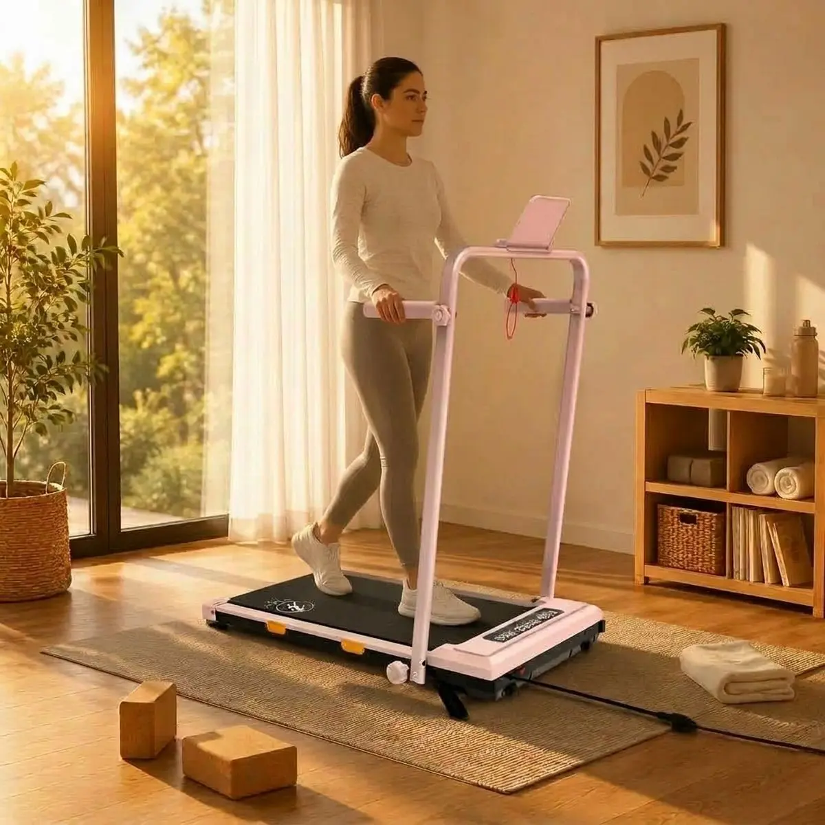 Kobieta korzysta z bieżni StayFit Aurora z uchwytem podczas treningu w salonie