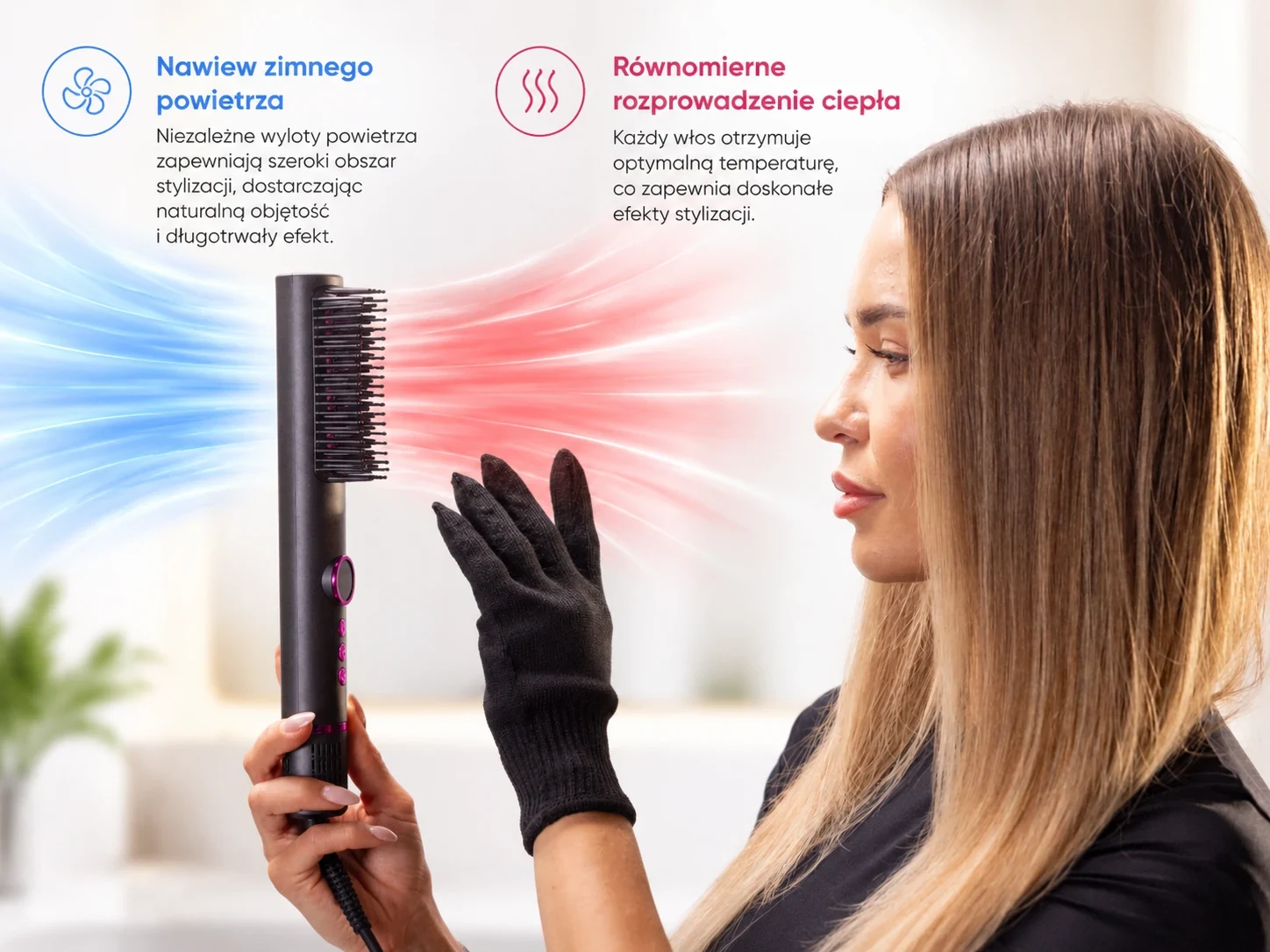 Kobieta trzyma szczotkę prostującą Stay Beauty z nawiewem skierowanym na włosy
