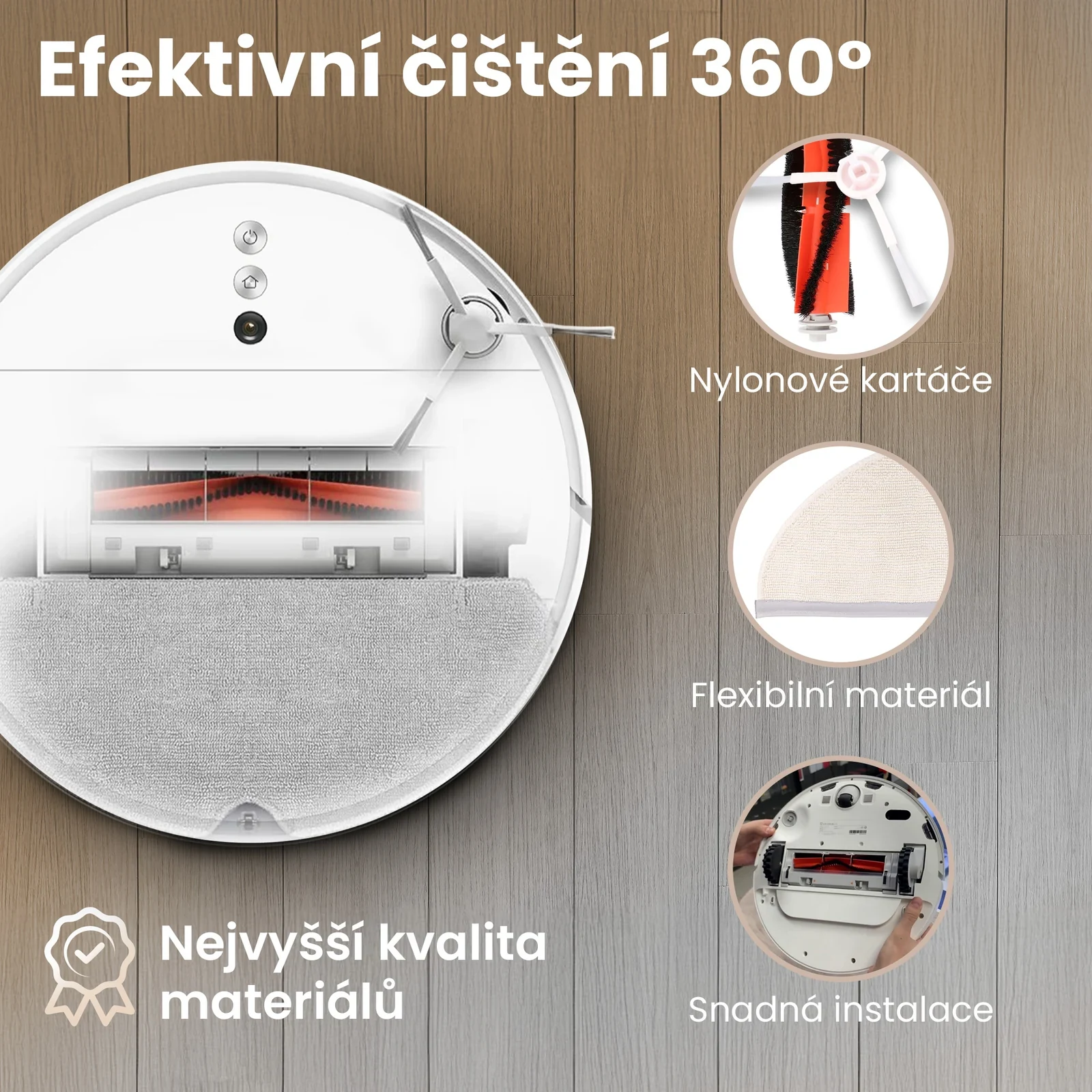 Robot Xiaomi zespodu s nainstalovan&yacute;m hlavn&iacute;m kart&aacute;čem, bočn&iacute;m kart&aacute;čem a mopovac&iacute; utěrkou