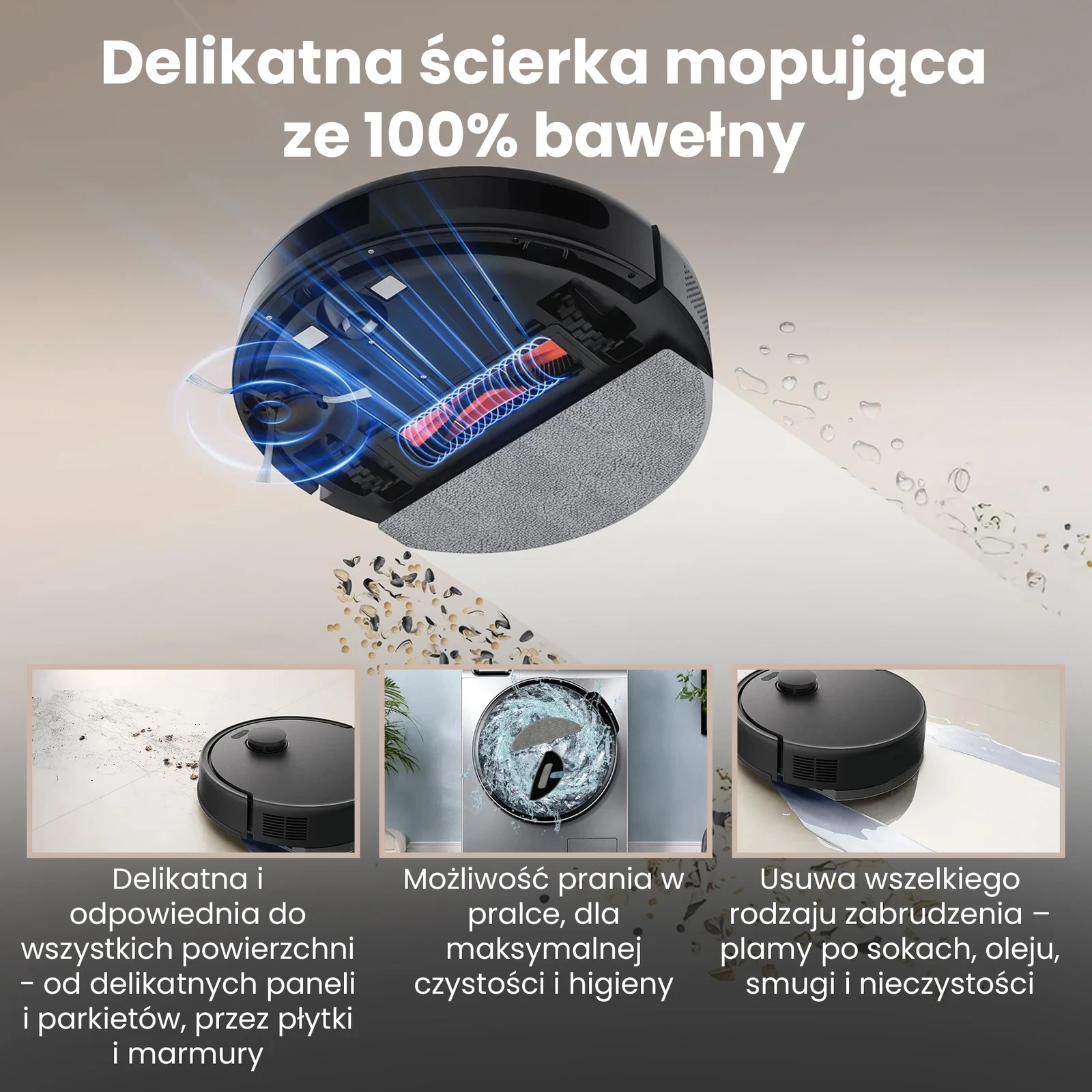 Robot sprzątający z zamontowaną szarą ściereczką mopującą na jasnej podłodze