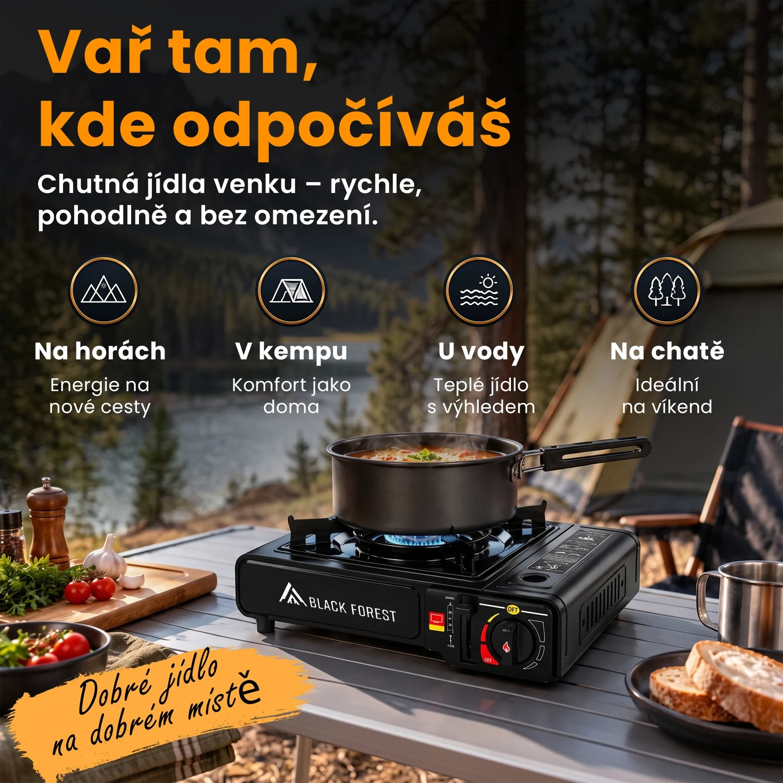 Kempingový vařič na stole ve stanu s hrncem nad plamenem
