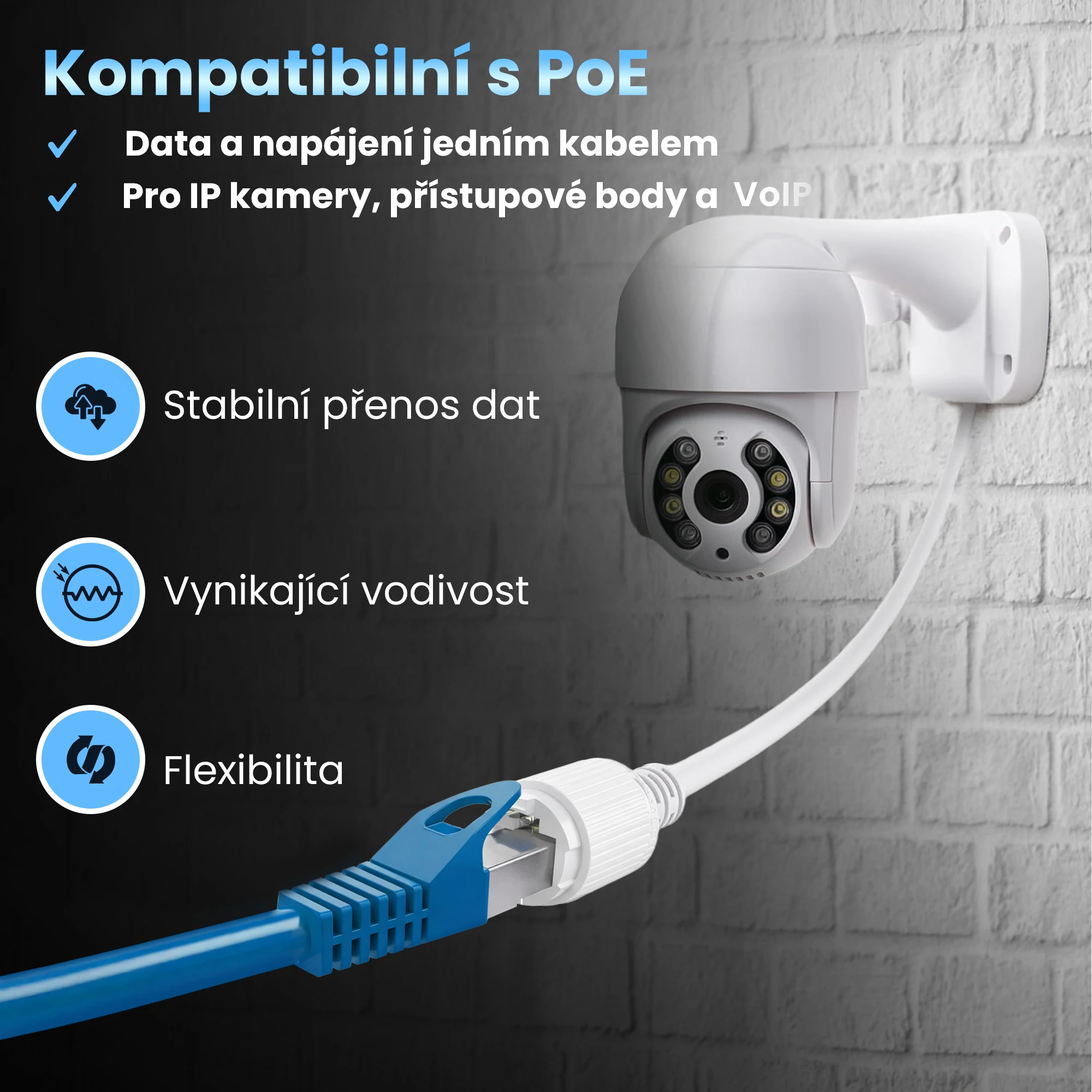 Modrý patchcord RJ45 připojený k bílé IP kameře na stěně