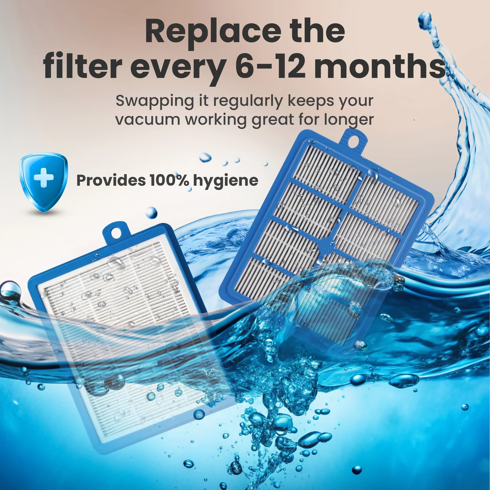 Blue air filter shown against a stream of water