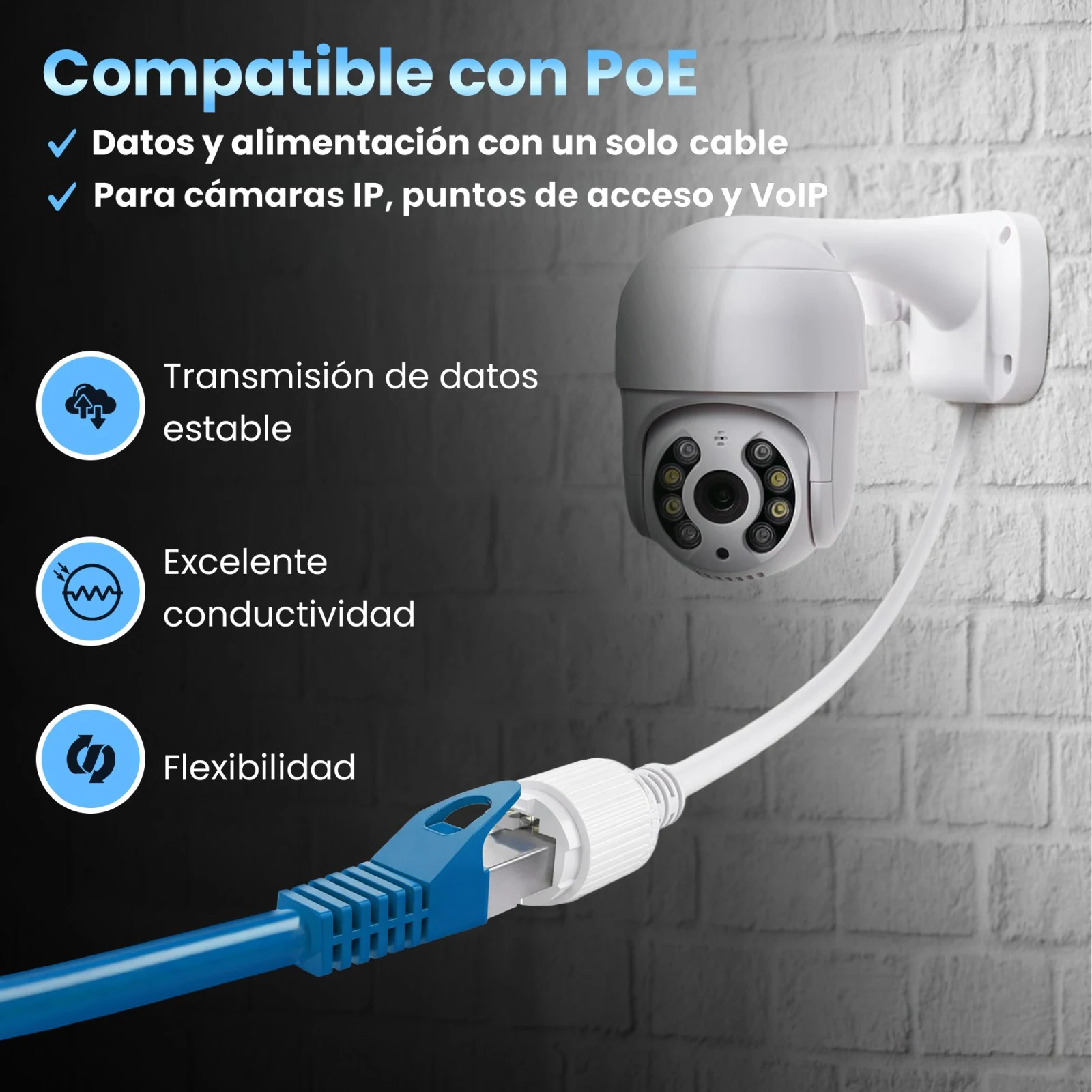 Patchcord RJ45 azul conectado a una cámara IP blanca en la pared