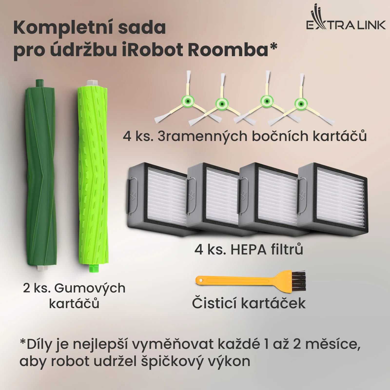 Sada dílů pro iRobot Roomba: boční kartáče, filtry, gumové válečky a kartáček