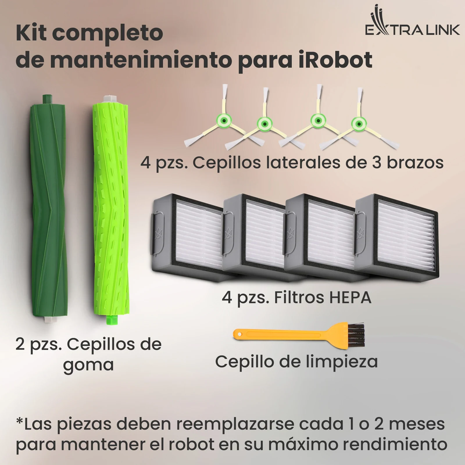 Kit de piezas para iRobot Roomba: cepillos laterales, filtros, rodillos de goma y cepillo