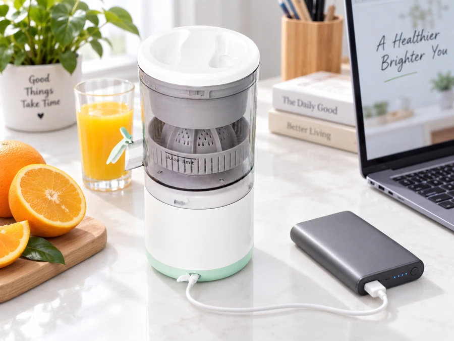 Electric fruit juicer extracting juice from citrus fruit.