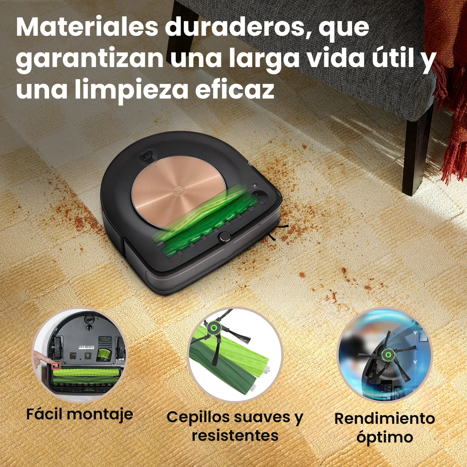 Robot aspirador negro con un rodillo de limpieza verde sobre una alfombra