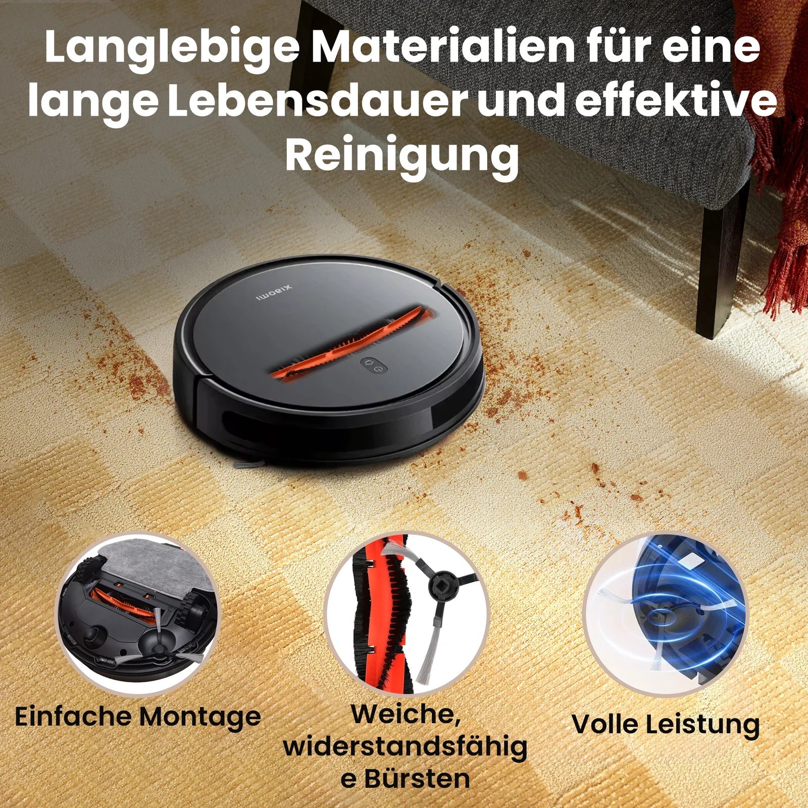 Schwarzer Xiaomi-Roboter saugt Verschmutzungen von einem hellen Teppich, Nahaufnahme der Hauptbürste