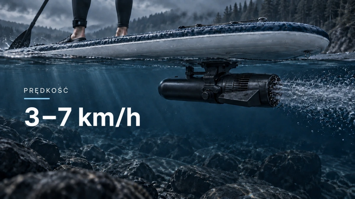 Napęd elektryczny Black Forest HydroJet zamontowany pod deską SUP podczas pływania po wodzie.