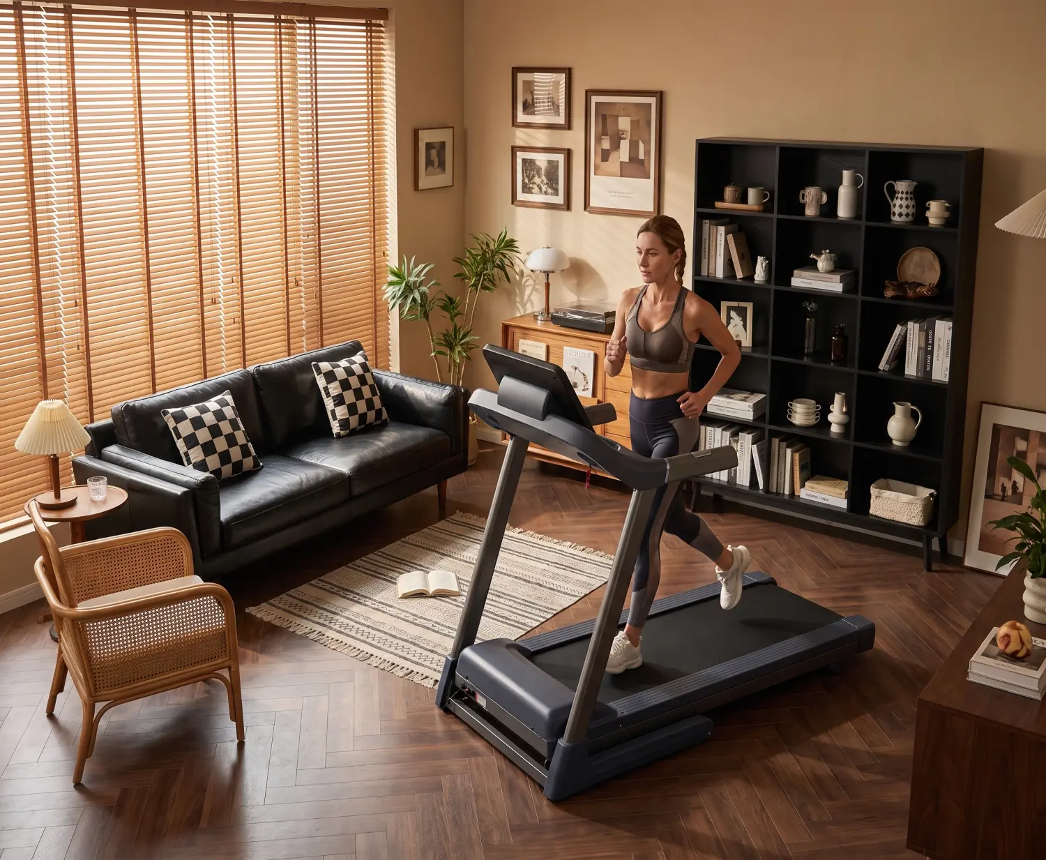 Schwarzes elektrisches Laufband StayFit Skyline in einem eleganten Wohnzimmer, Person beim Lauftraining zu Hause.