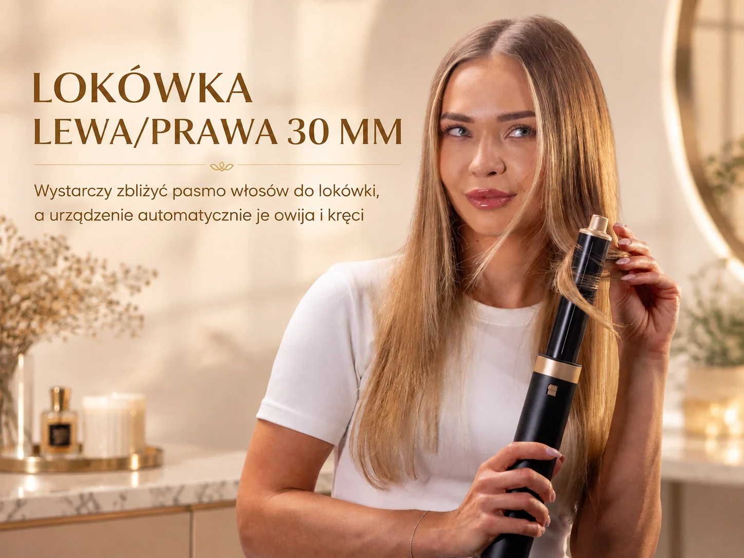 Kobieta tworzy loki lok&oacute;wko-suszarką z końc&oacute;wką 30 mm