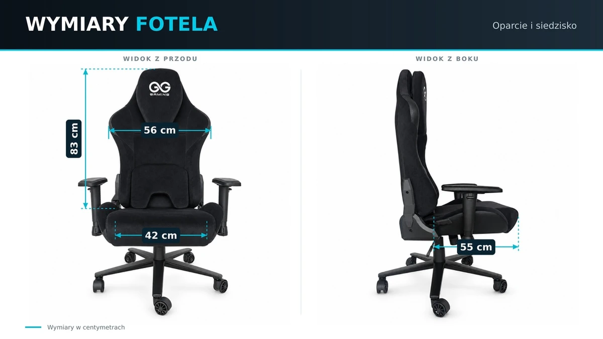 Dimensions of the backrest and seat of the black Striker gaming chair