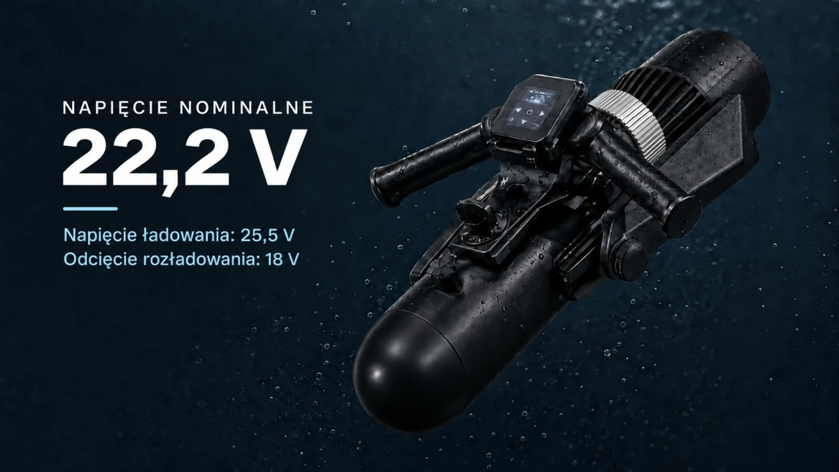 Napęd elektryczny Black Forest AQUAJET z akumulatorem i przewodem do ładowania.