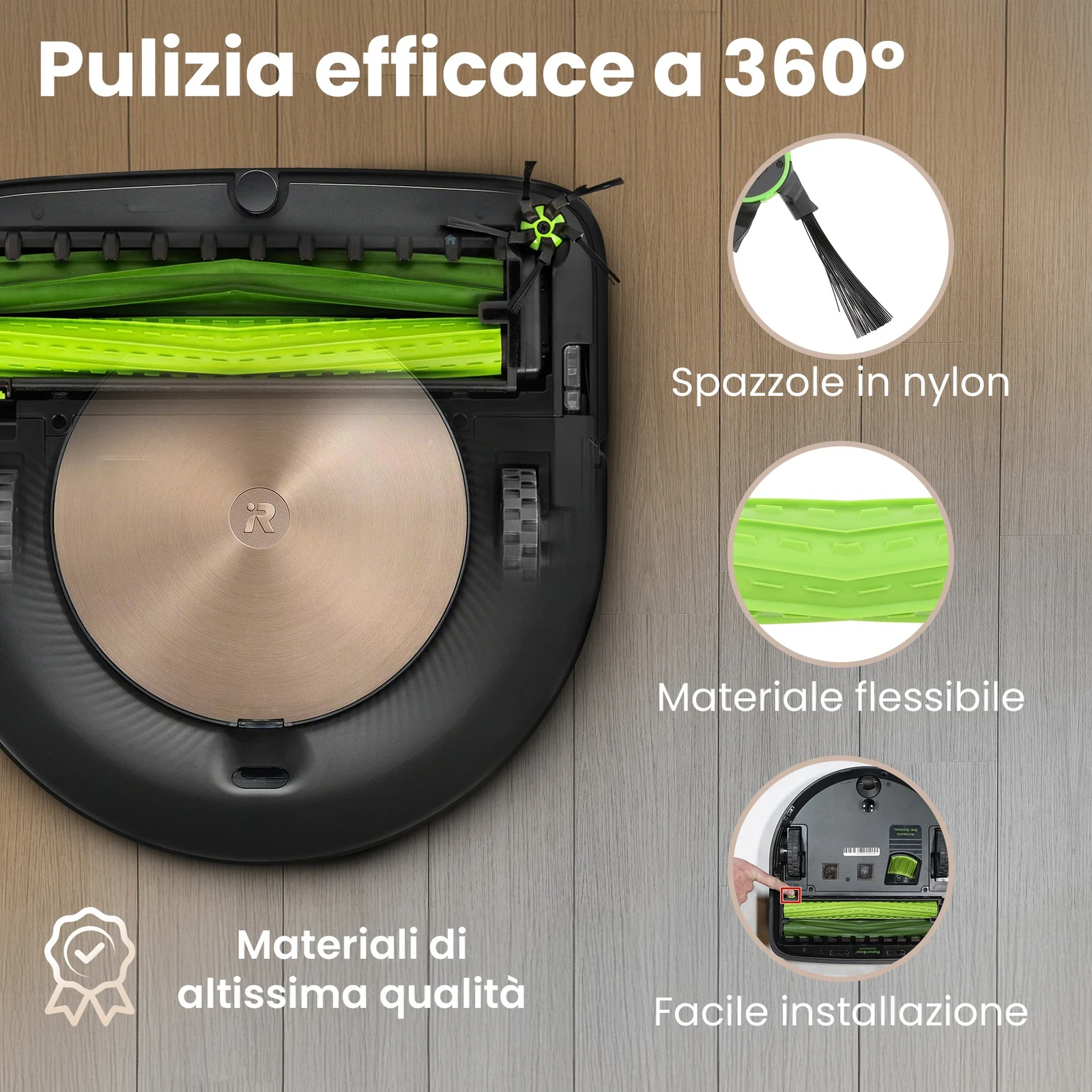 Parte inferiore di un robot aspirapolvere nero con rulli in gomma verdi e spazzola laterale