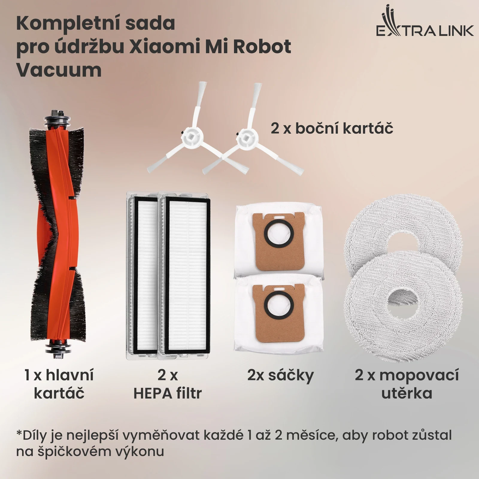 Sada d&iacute;lů pro robota: hlavn&iacute; kart&aacute;č, dva bočn&iacute; kart&aacute;če, dva filtry, s&aacute;čky a hadř&iacute;ky