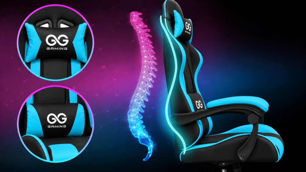 Cadeira gaming Extralink G-523 preto-azul com indicação do suporte para as diferentes secções da coluna.