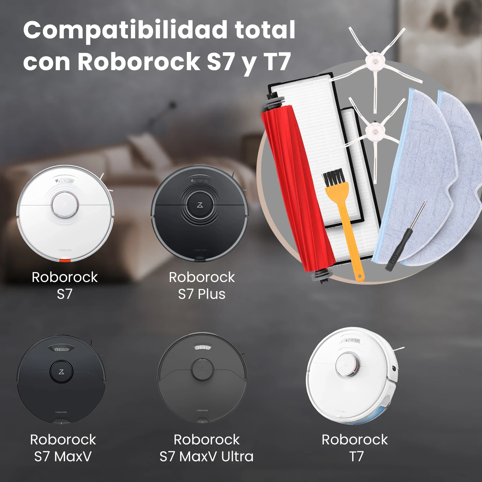 Robots Roborock blancos y negros junto a un kit de cepillos, filtros y almohadillas de fregado