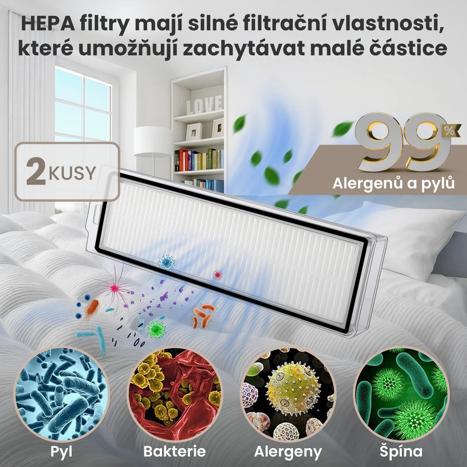 Obd&eacute;ln&iacute;kov&yacute; HEPA filtr pro robotick&yacute; vysavač na pozad&iacute; ložnice