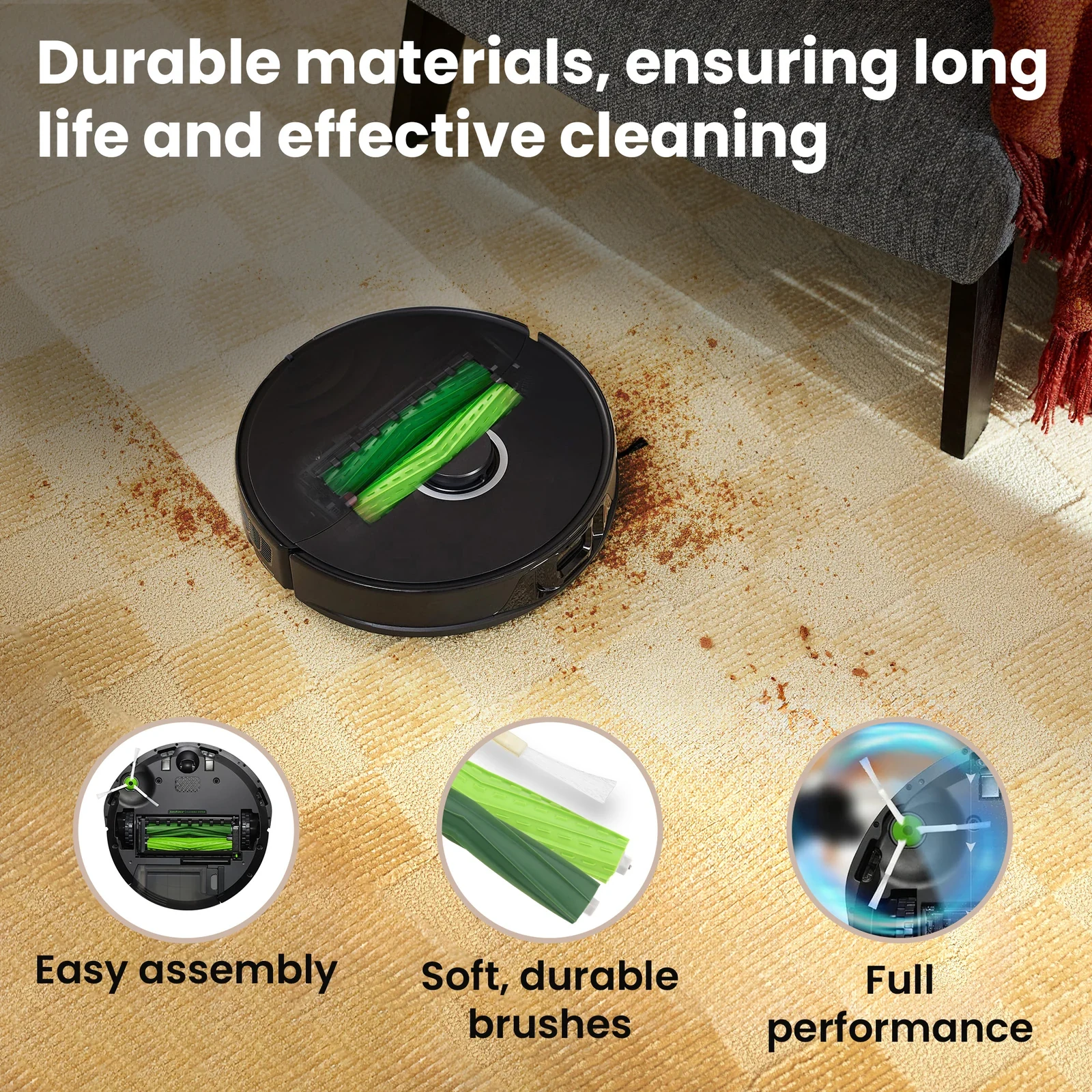 iRobot Roomba robotic vacuum cleaner with green rubber rollers on a carpet