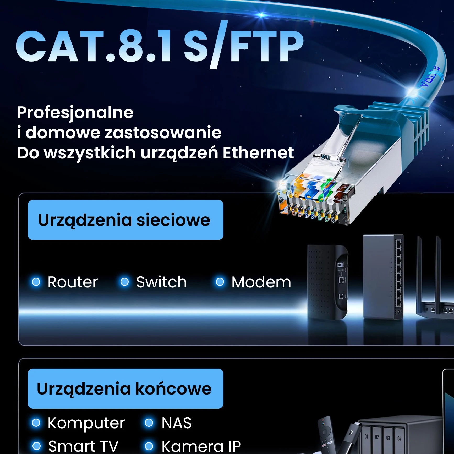 Niebieski patchcord Extralink z wtykiem RJ45 oraz urządzenia sieciowe, komputer, NAS i kamera IP