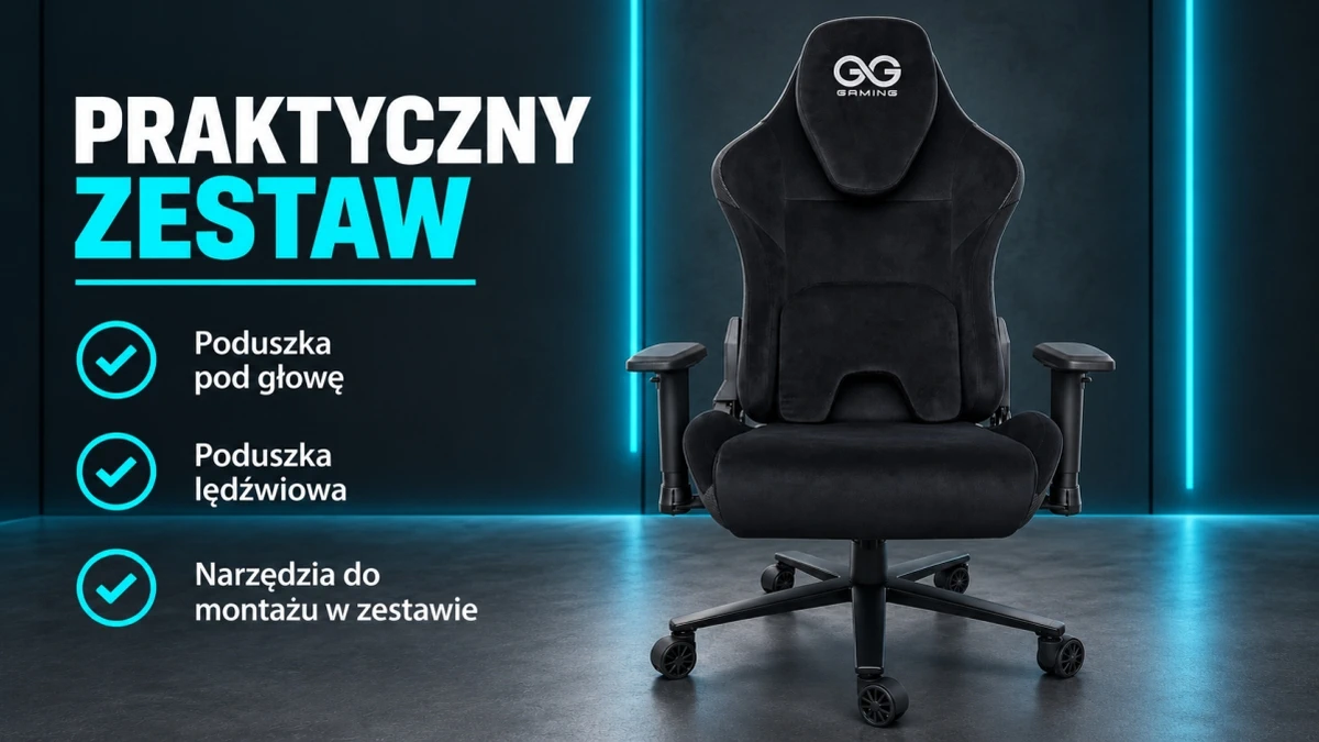 Black Striker gaming chair with head cushion, lumbar cushion and assembly tools