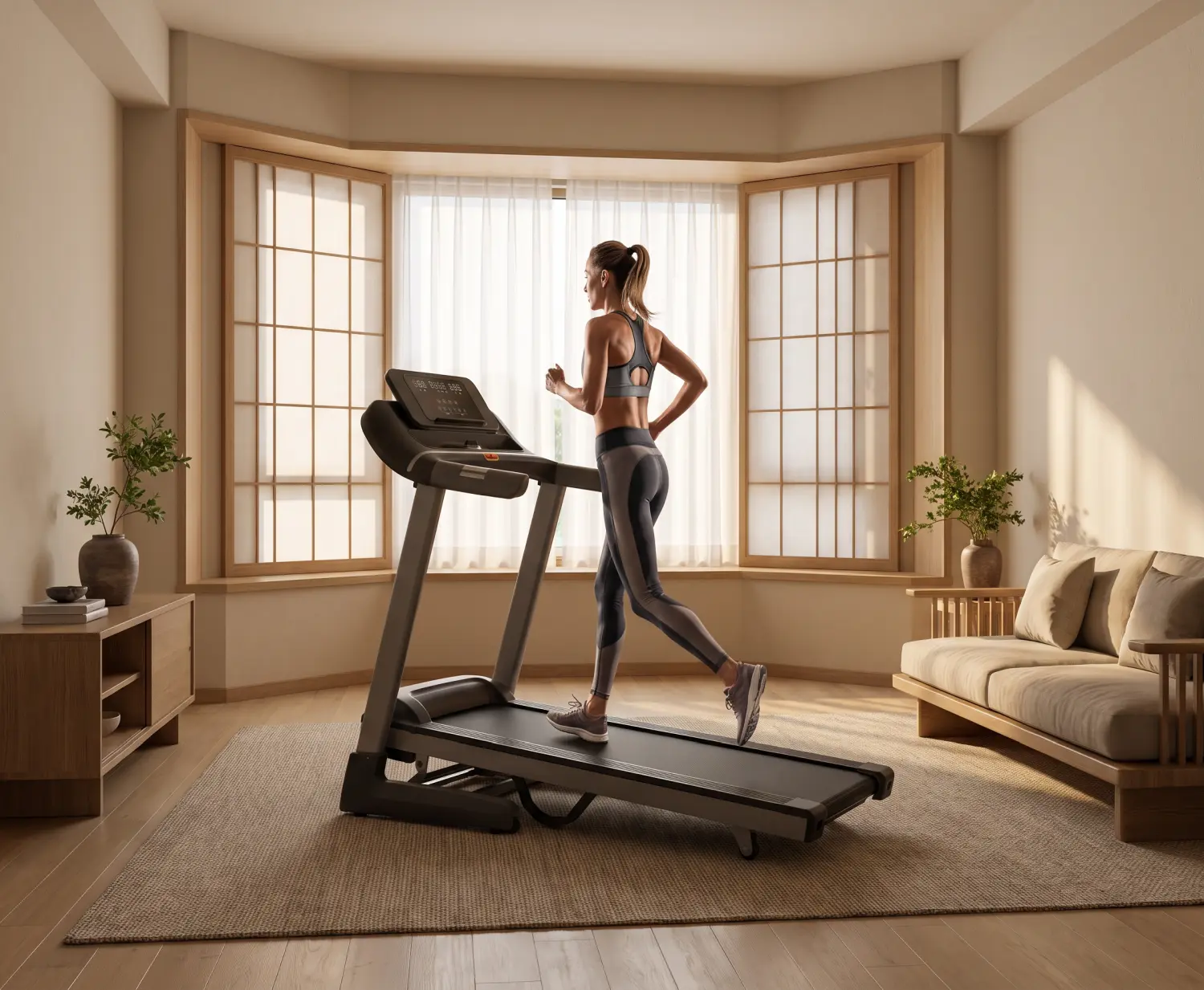 Trainingslaufband StayFit Skyline in einem geräumigen Innenraum aufgestellt, Frau, die auf dem Gerät vor einem großen Fenster läuft.