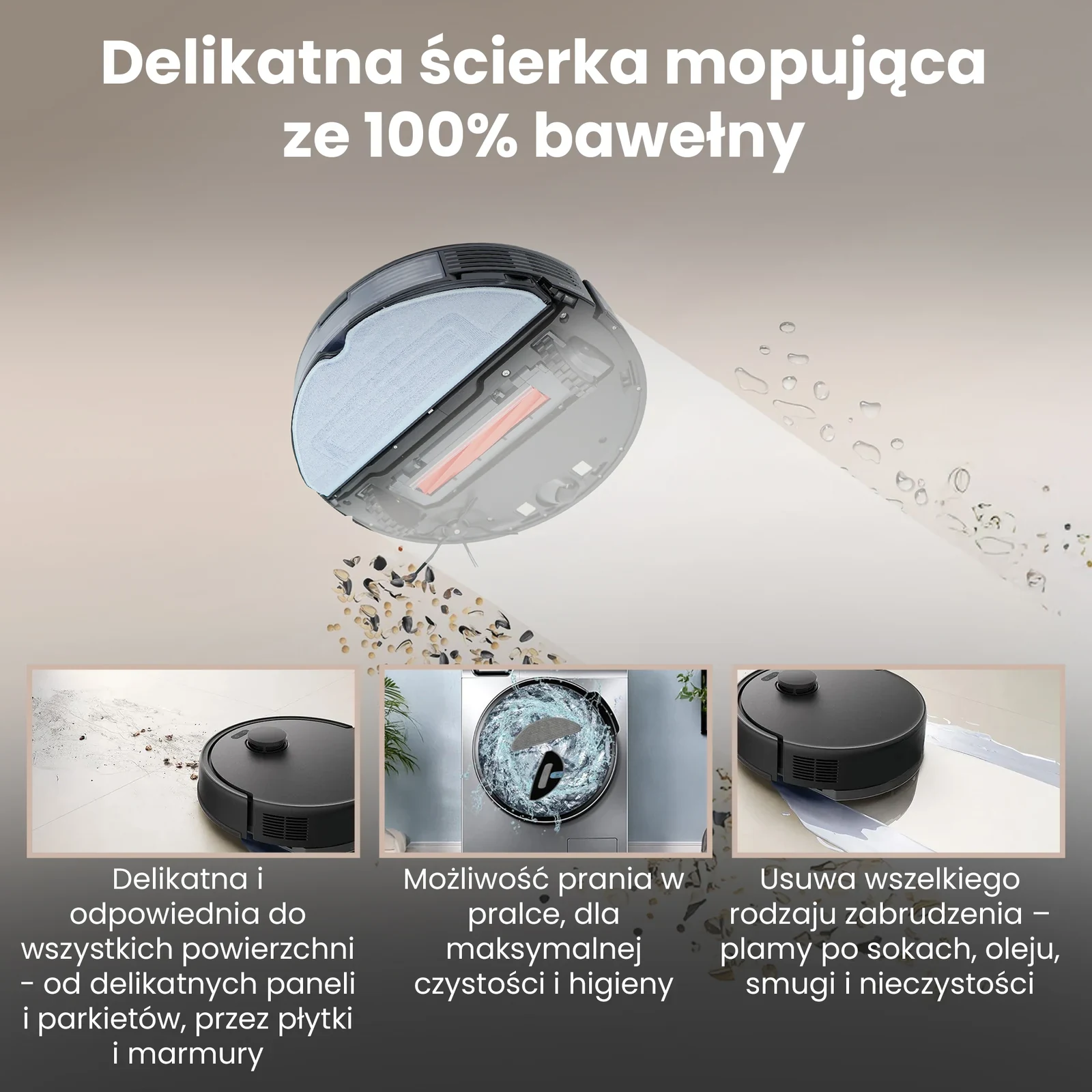Robot sprzątający z niebieską nakładką mopującą na jasnej podłodze oraz detal mokrej powierzchni