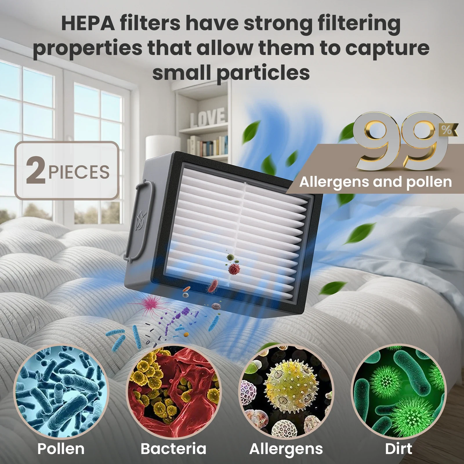 Black HEPA filter for a Roomba robot against a light interior background