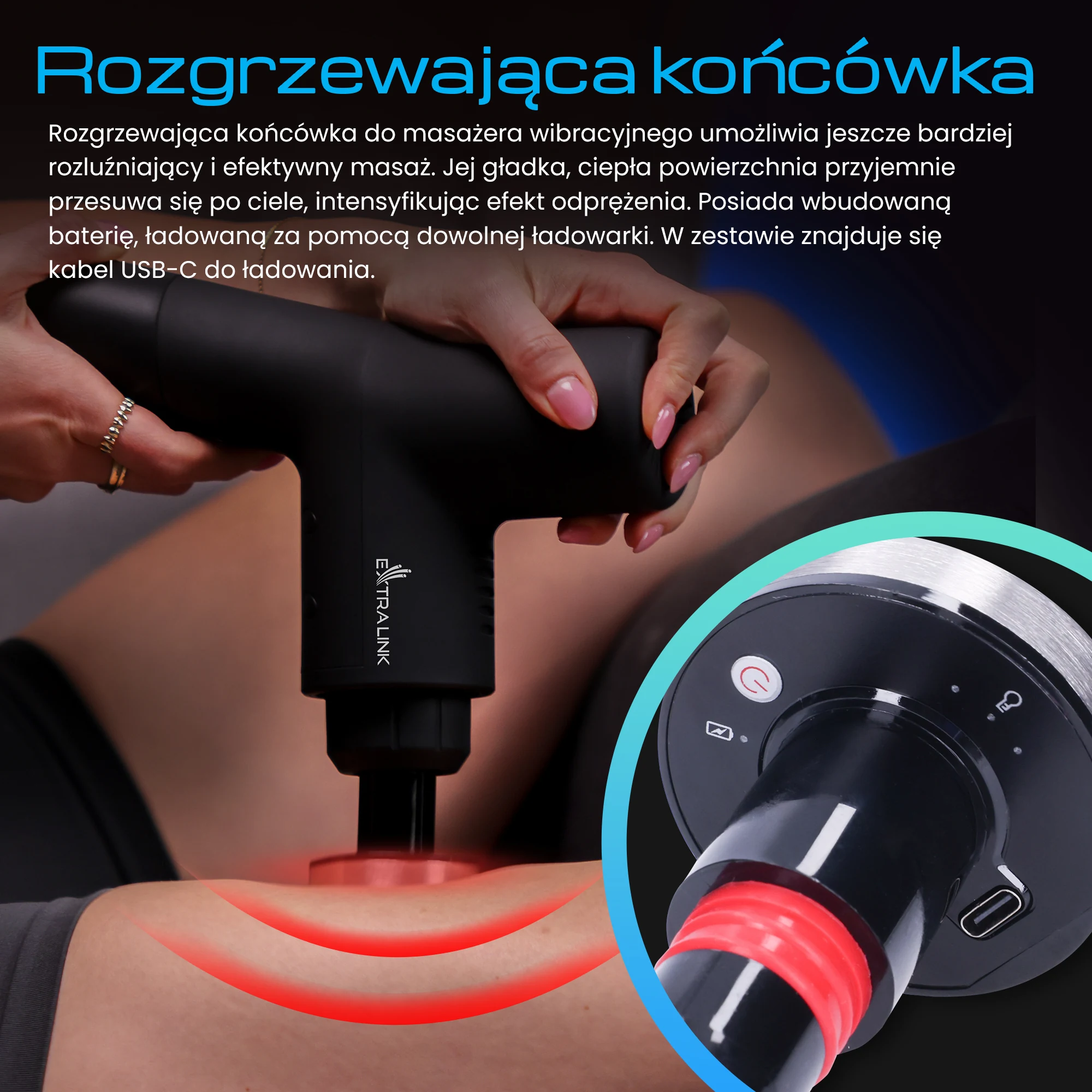 Pistolet do masażu Extralink z rozgrzewającą końcówką przyłożoną do nogi