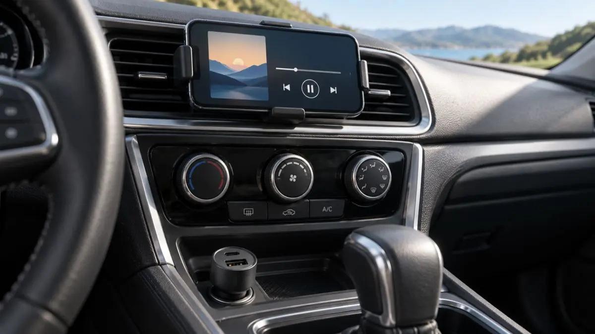 FM transmitter in the car console and a phone with a music player, with a lake and mountains in the background.