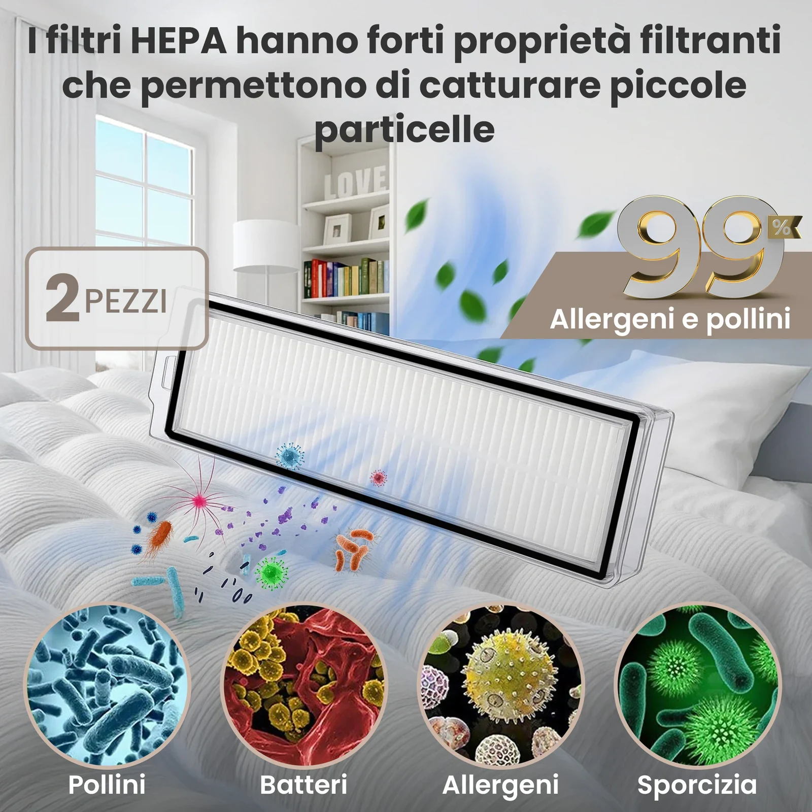 Filtro HEPA rettangolare per robot aspirapolvere su sfondo di una camera da letto