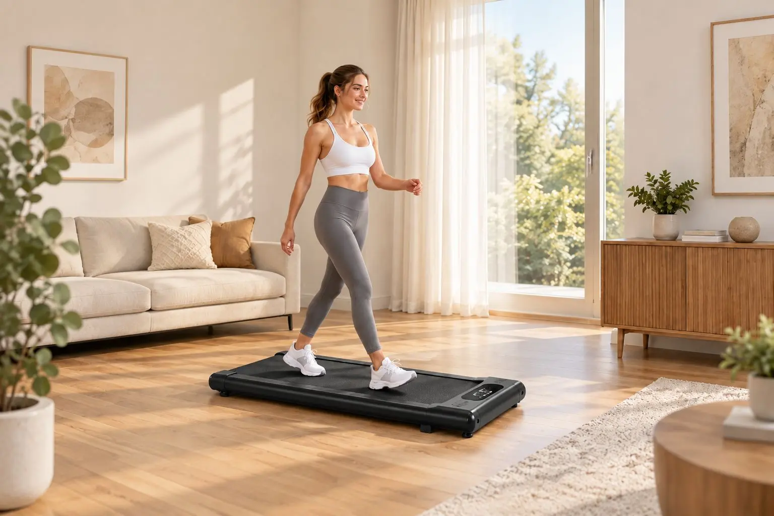 Kobieta ćwiczy na kompaktowej bieżni StayFit Beam w jasnym salonie z dużym oknem i drewnianą podłogą