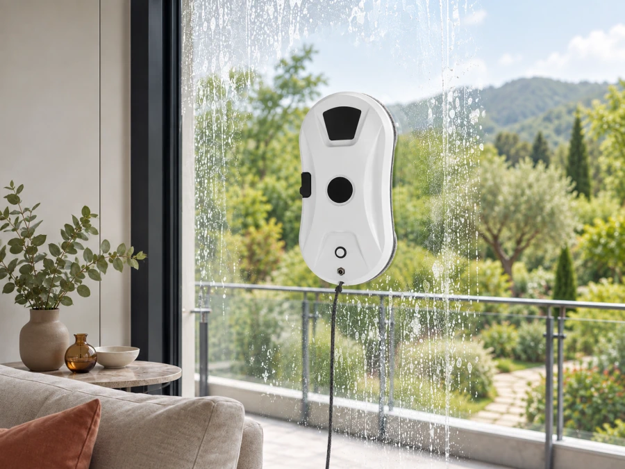 Infrared remote control and BLOW window cleaning robot with three movement modes.