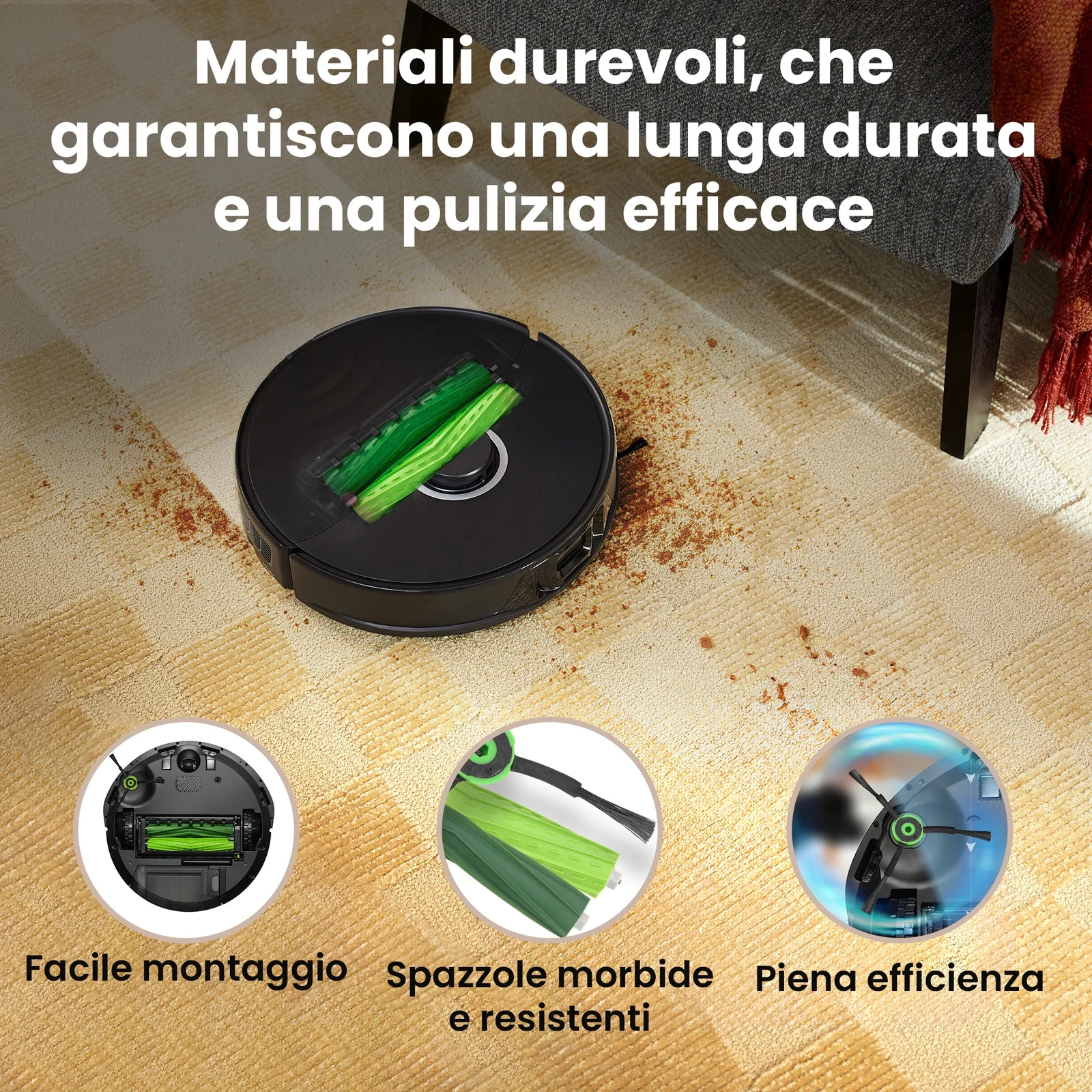 Robot Roomba con spazzola in gomma verde durante la raccolta dello sporco dal tappeto