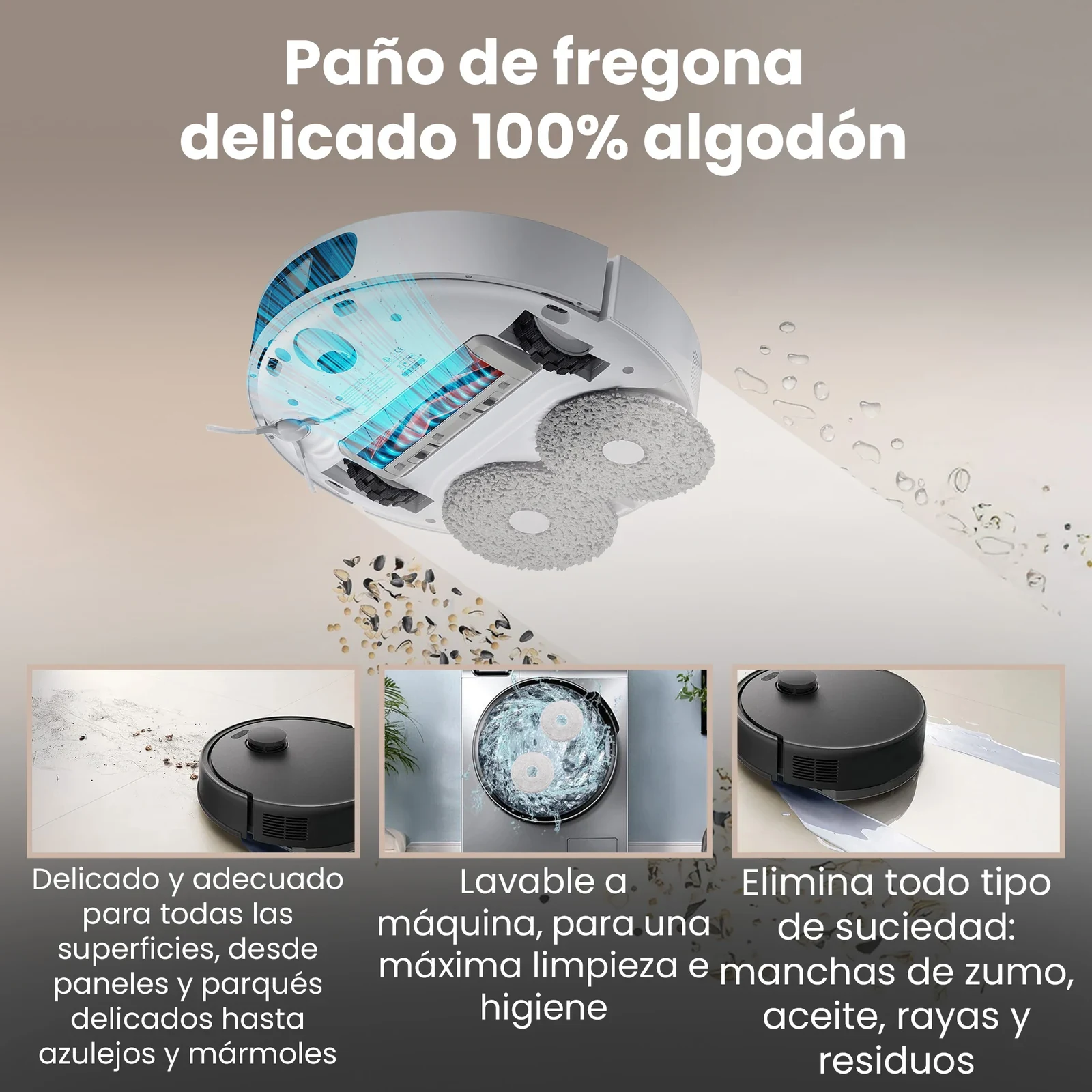 Robot aspirador con dos paños de fregado redondos en la parte inferior