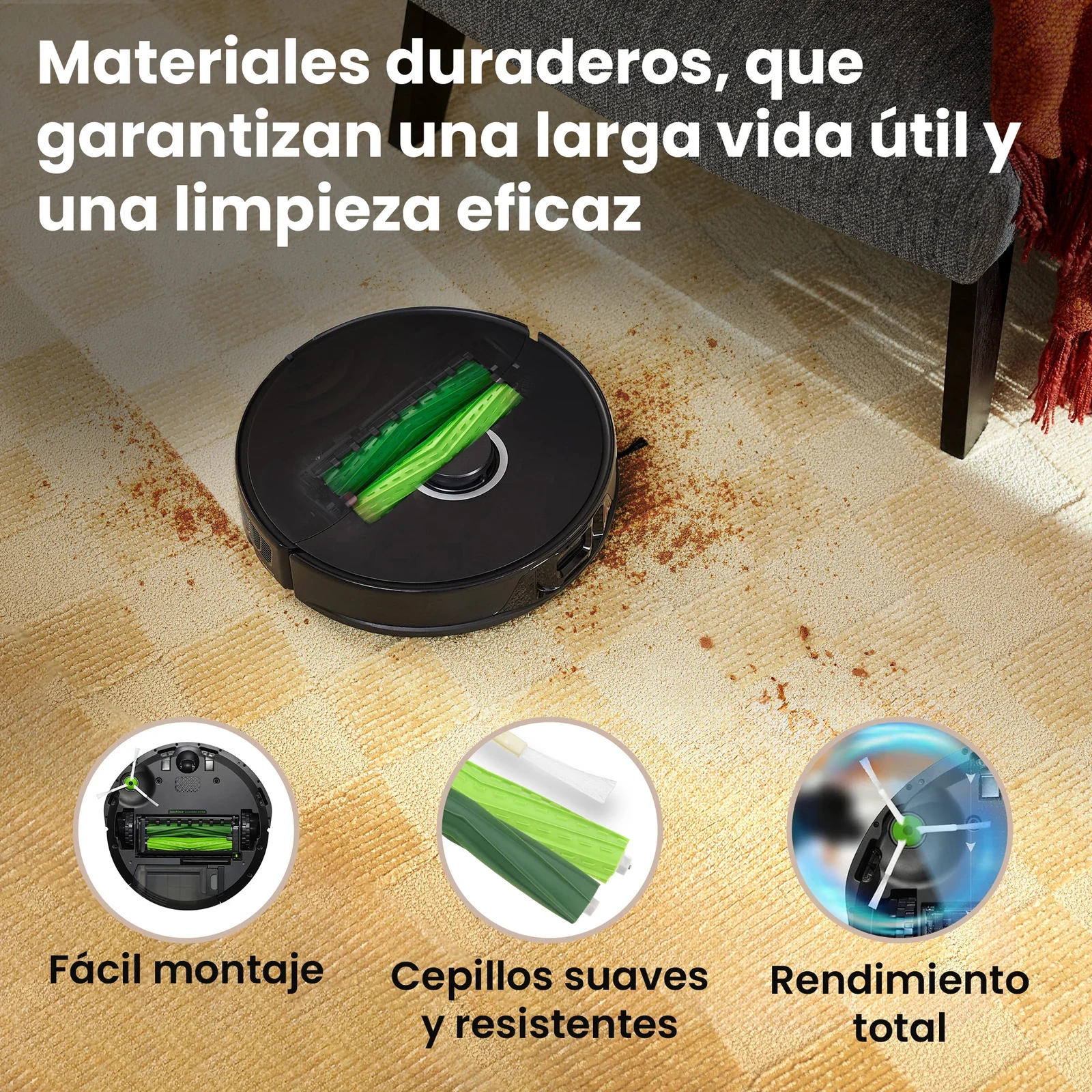 Robot aspirador iRobot Roomba con rodillos de goma verdes sobre una alfombra