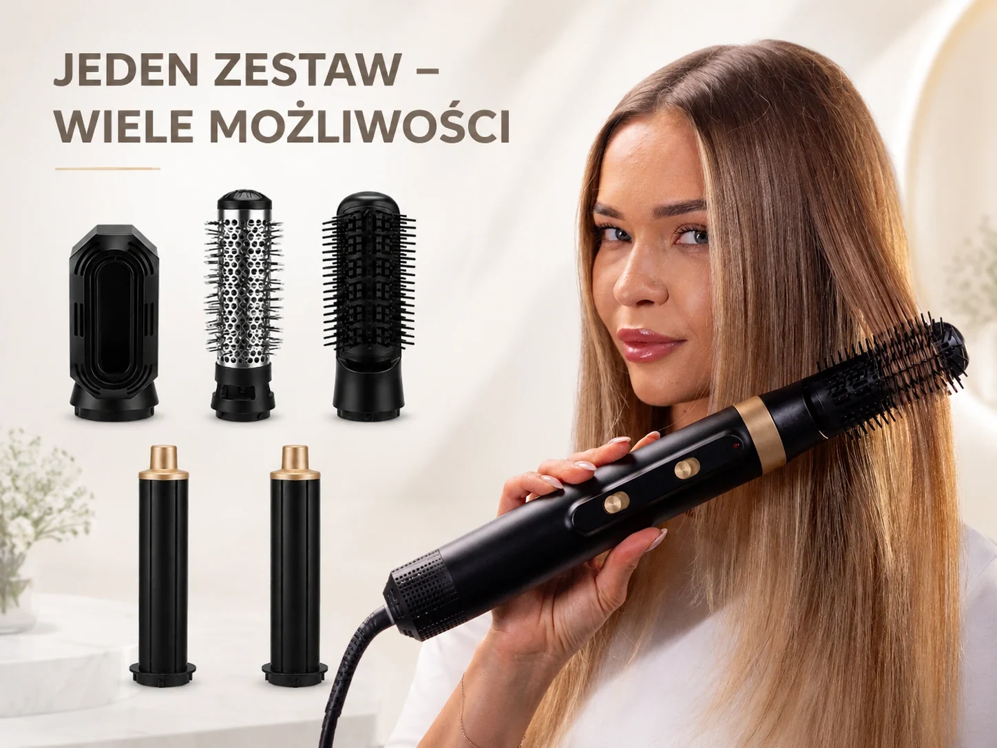 Kobieta stylizuje włosy lok&oacute;wko-suszarką obok pięciu wymiennych nasadek