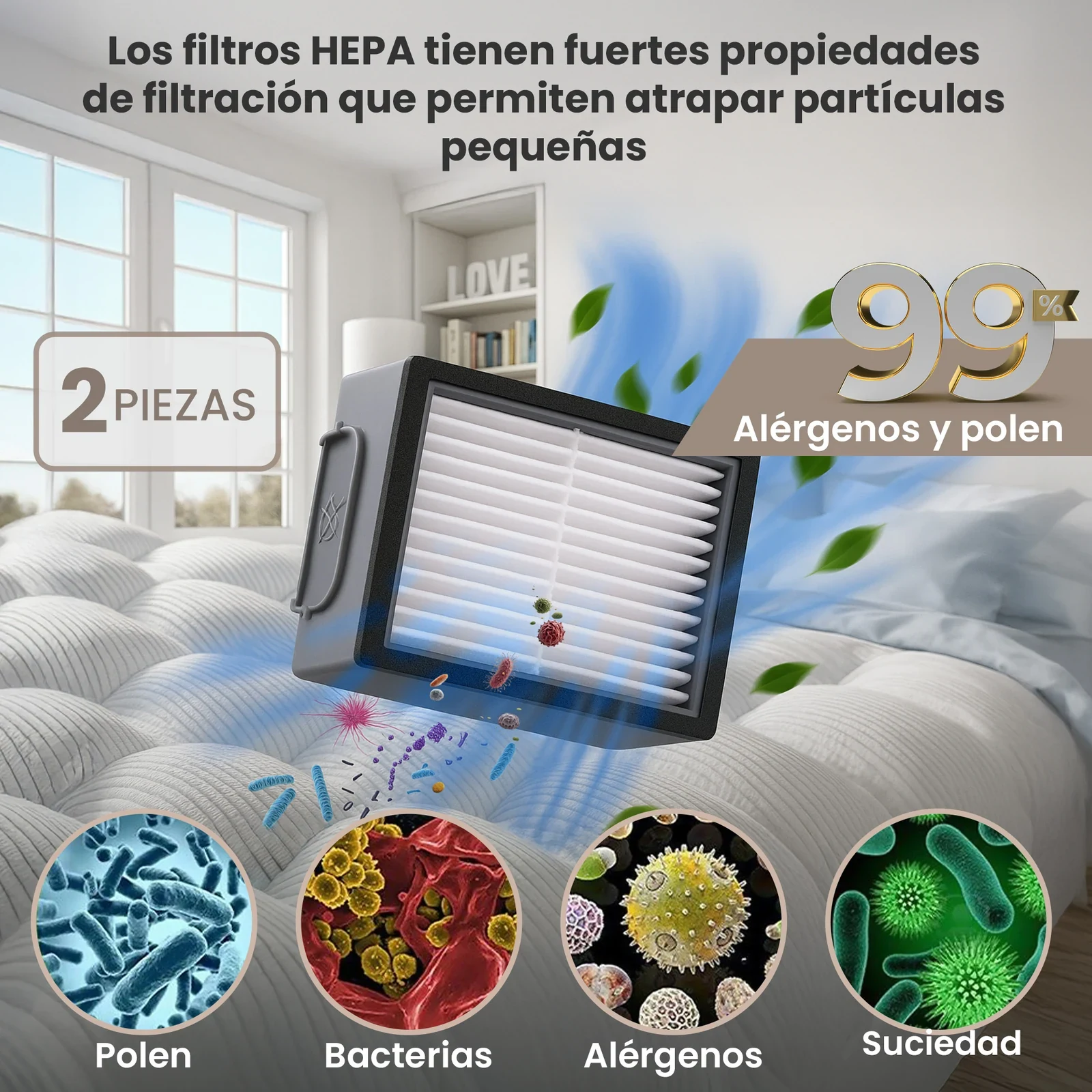 Filtro HEPA negro para robot Roomba sobre un fondo interior claro