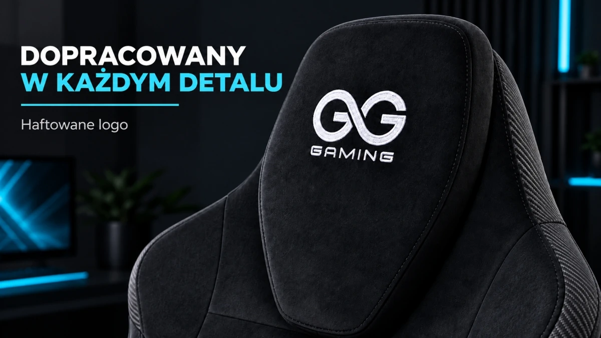 Close-up of the head cushion with embroidered GG Gaming logo on the black Striker chair
