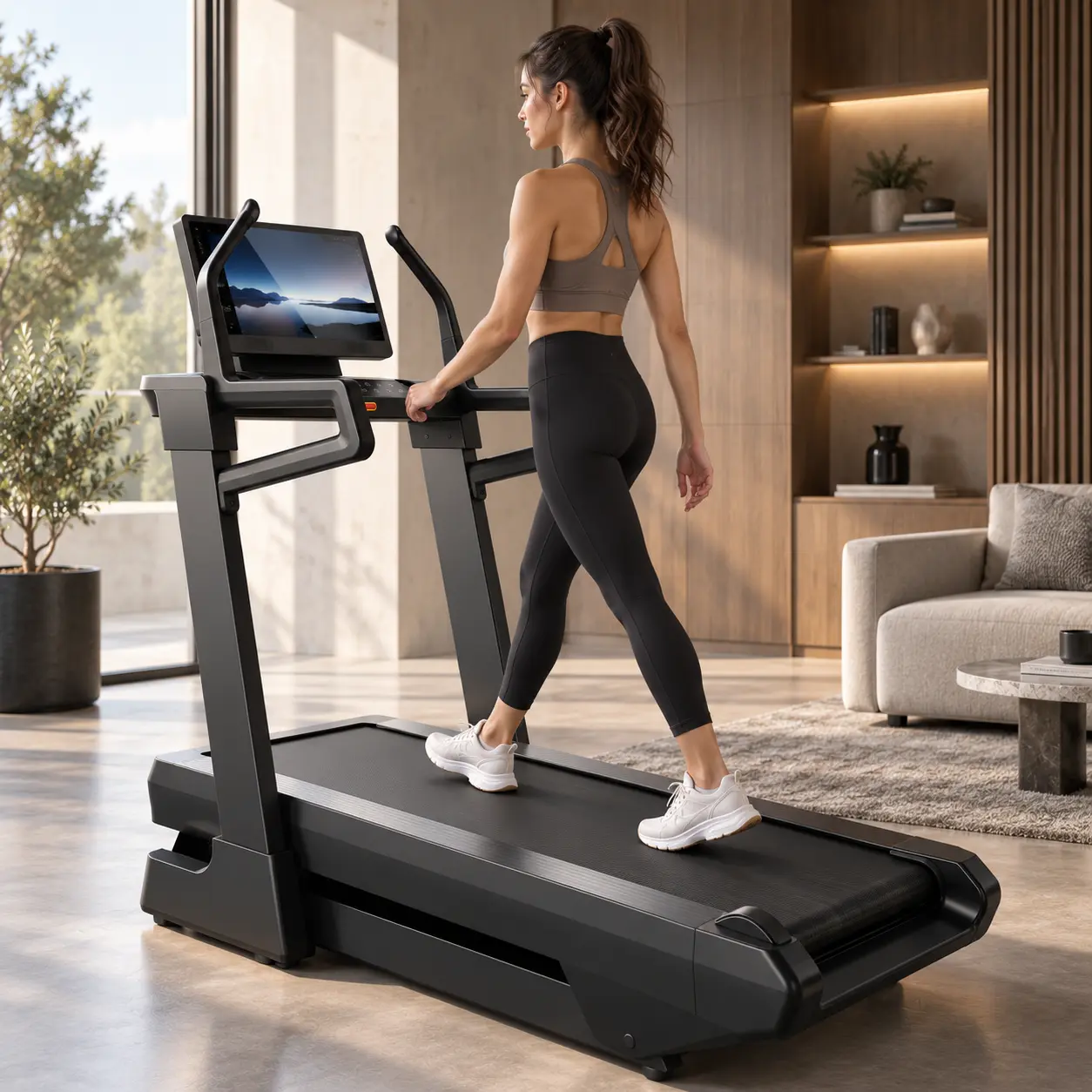 Kobieta idąca na bieżni StayFit Vector Pro w nowoczesnym domowym wnętrzu.