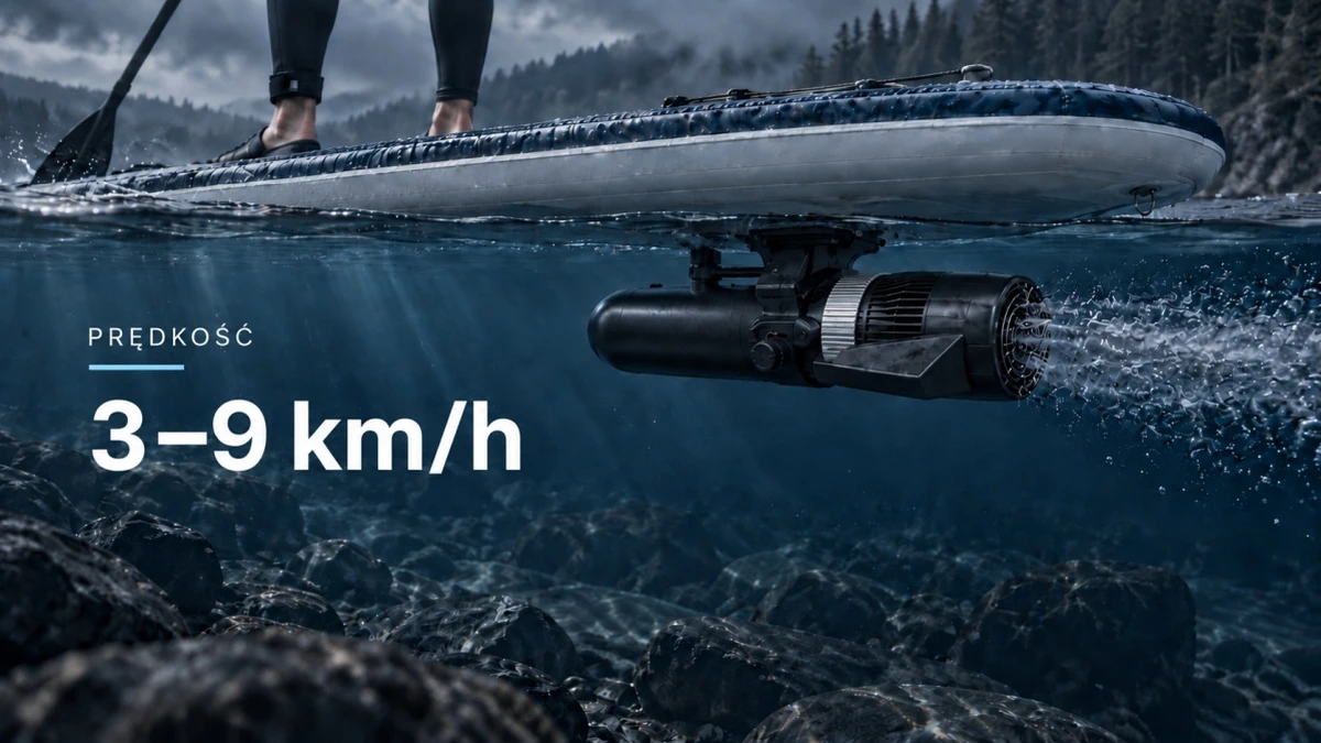 Napęd elektryczny Black Forest AQUAJET zamontowany pod deską SUP podczas pływania po wodzie.