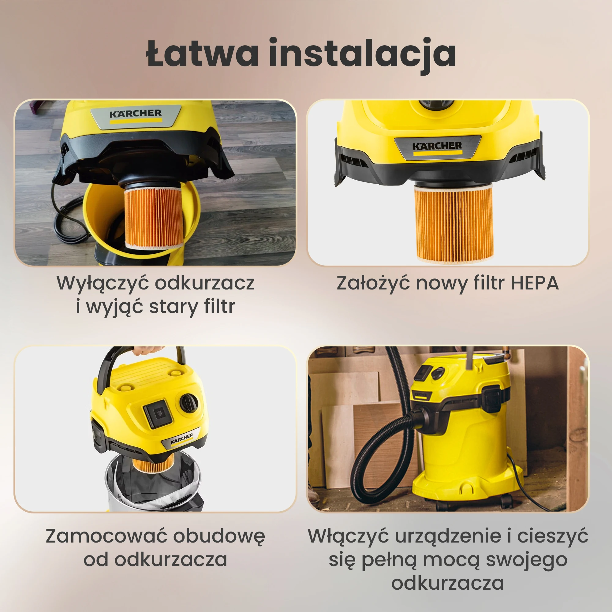 Installing a cylindrical air filter in a Kärcher vacuum cleaner