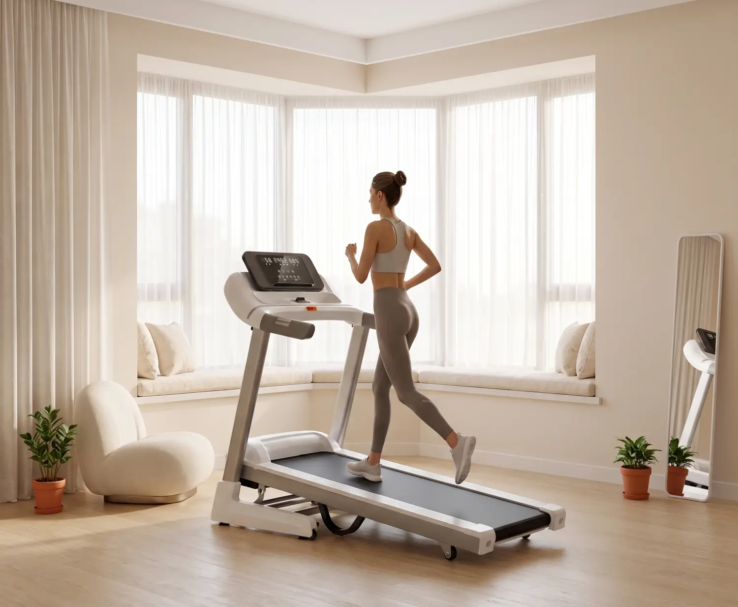 Weißes elektrisches Laufband StayFit Skyline während des Trainings in einem hellen Wohnzimmer, Frau, die das Gerät zum Laufen nutzt.