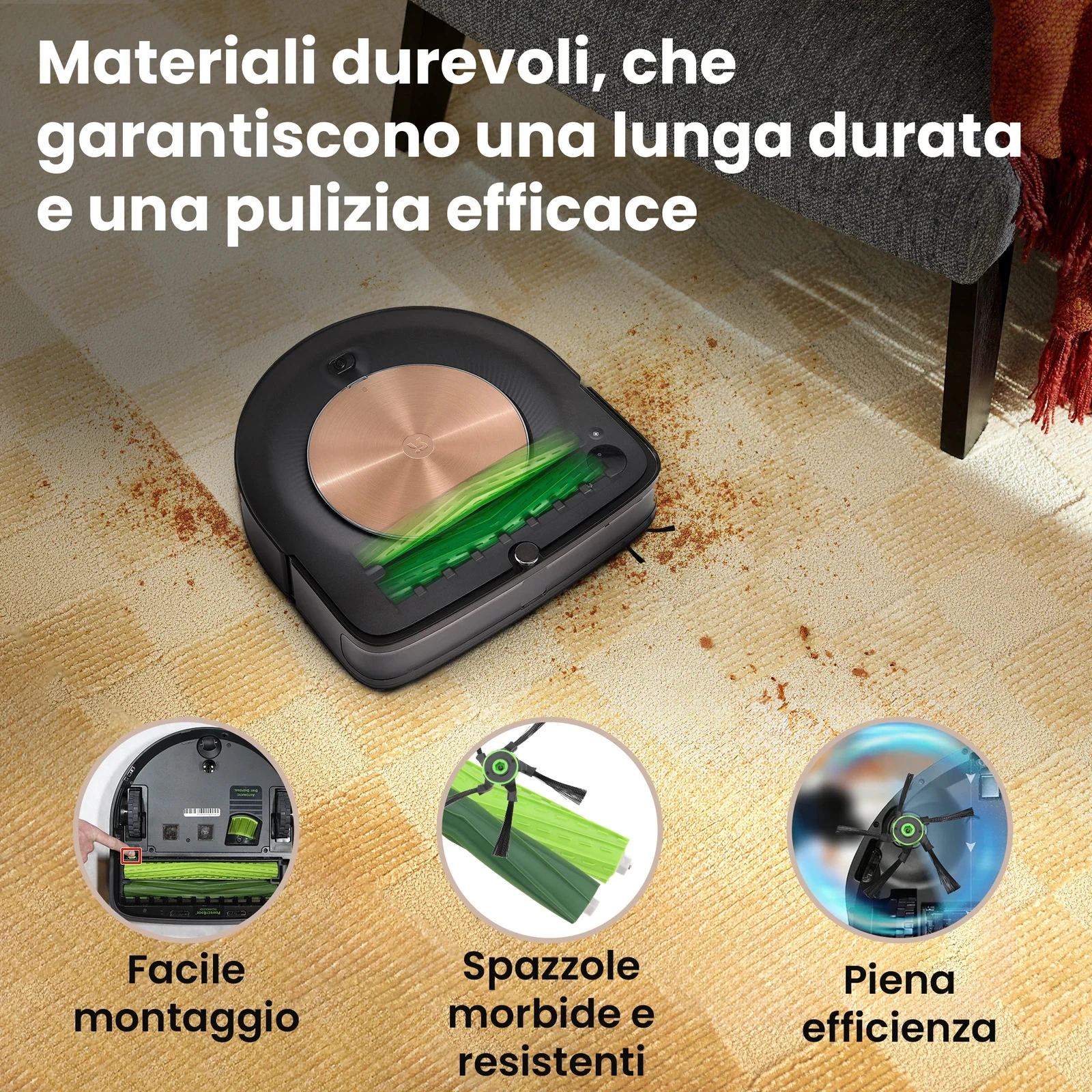 Robot aspirapolvere nero con rullo di pulizia verde su un tappeto