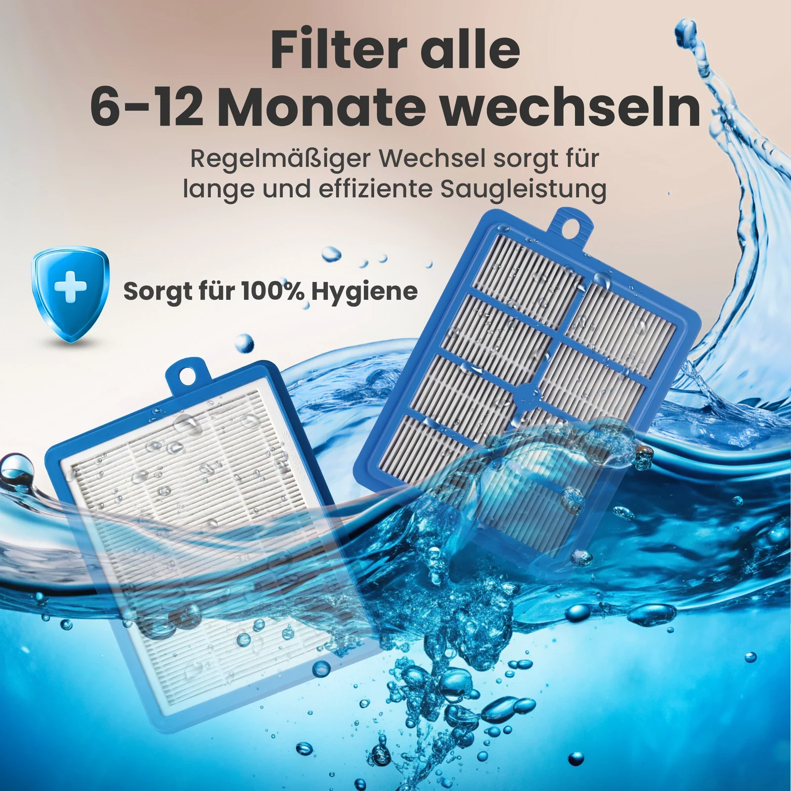 Blauer Luftfilter vor dem Hintergrund eines Wasserstroms