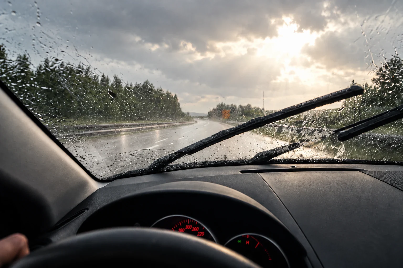 Los limpiaparabrisas del coche eliminan la lluvia del parabrisas delantero durante la conducción por una autovía