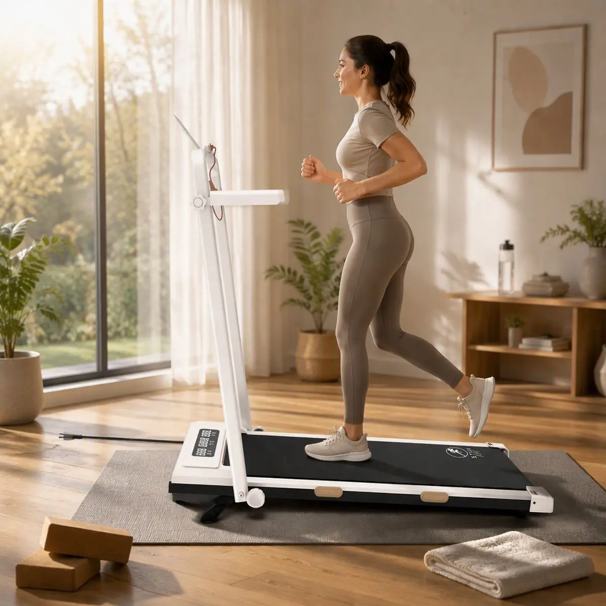 Złożona bieżnia domowa StayFit Aurora ustawiona na podłodze w jasnym wnętrzu mieszkalnym
